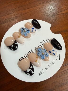 Handcrafted 3D Press-On Nails with Blue Floral Accents French tip large